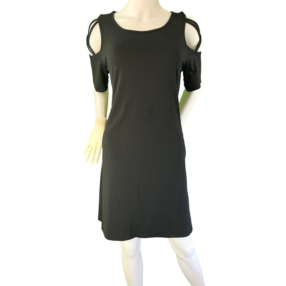 Women's Black Open Shoulder Dress, Knee Length, Hidden Pockets, XL